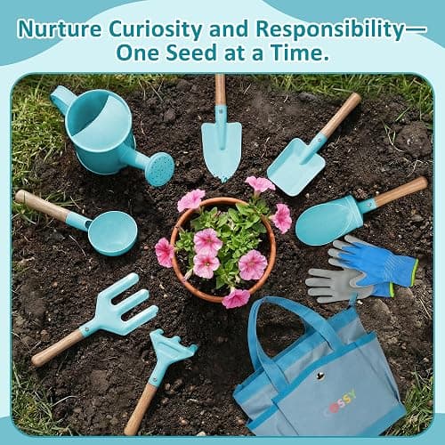 Cossy Kids Gardening Set, 13PCS Garden Tool Kit for Kids and Toddlers Boys Girls, Includes Tote Bag, Watering Can, Shovels, Rake, Kids Gardening Gloves, Apron and More, Blue thumbnail 2