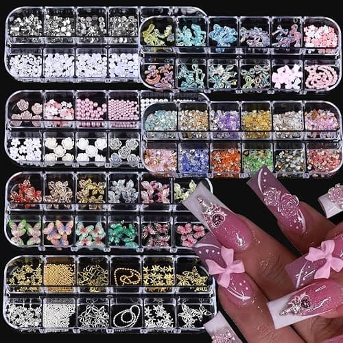 ROFIBUT Nail Charms, Multi Shape Nail Rhinestones Kit 3D Multi Shape Nail Gems Colorful Butterfly Flowers Nail Crystals Flat Back Nail Pearls for Nail Art Supplies DIY Accessories 6 Boxes - Image 1