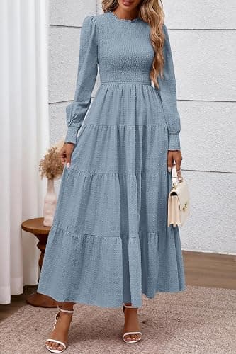 PRETTYGARDEN Women's Long Sleeve Maxi Dresses 2025 Fall Casual Smocked Trim Neck Swiss Dot Tiered Flowy Wedding Guest Dress thumbnail 4