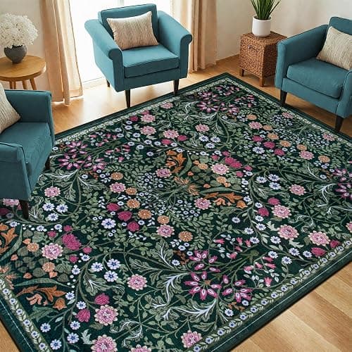 6x9 Area Rugs for Living Room: Floral Washable Rug Vintage Large Soft Boho Non-Slip Carpet Indoor Stain Resistant Thin Carpets for Bedroom Dining Room Farmhouse Nursery Hallway Home Office Dark Green thumbnail 2