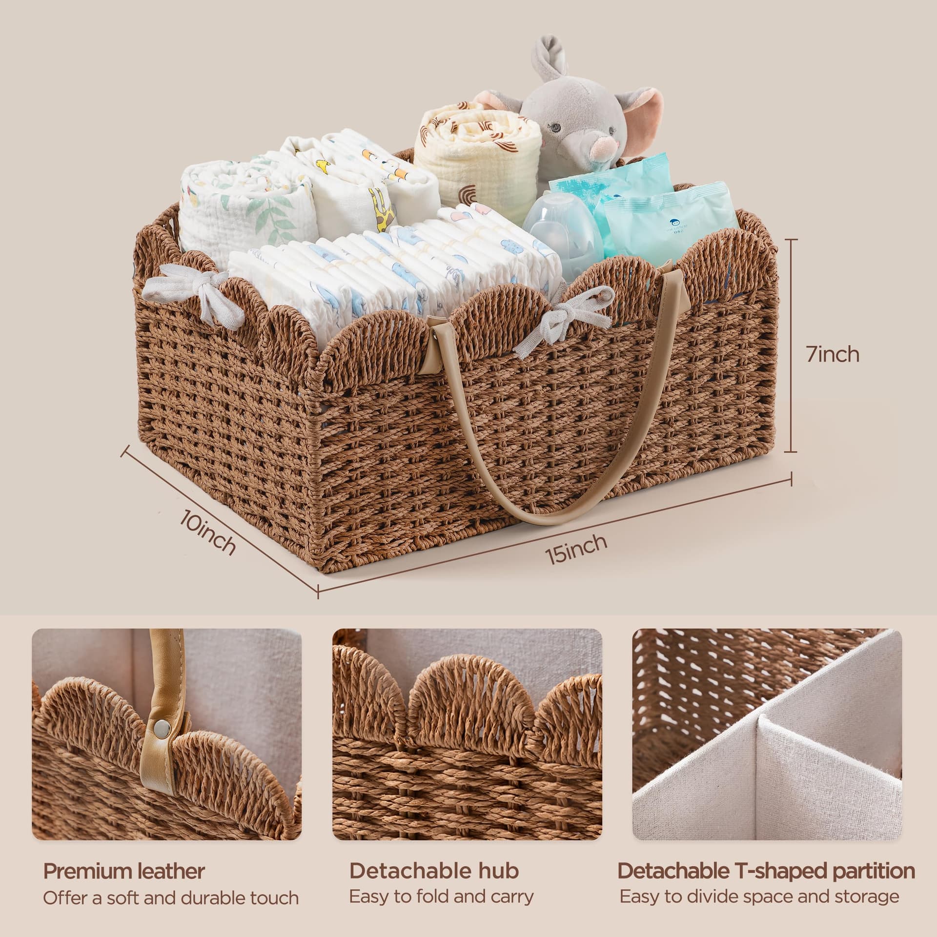 HBlife Large Baby Diaper Caddy, Paper Rope Storage Baskets Nursery Bin with Removable Divider, Portable Car Organizer for Diapers, Baby Shower Gifts, Newborn Essentials Must Haves thumbnail 2