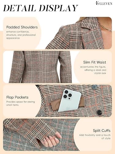 ELLEVEN Women's Lapel Collar Plaid 2 Button Boyfriend Blazer Suit Houndstooth Work Office Blazer Jacket thumbnail 5