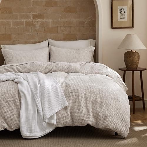 Bedsure Waffle Duvet Cover King - 100% Cotton Duvet Cover Linen Color, Space-Dyed for Enhanced Bedroom Aesthetics, GentleSoft™ and Stylish All-Season, 3-Piece Bedding Set with Button Closure, 104"x90" - Image 1