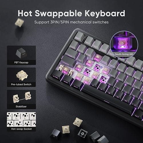 RedThunder K75 Wireless Mechanical Gaming Keyboard, 75% Hot Swappable Creamy Keyboard with Knob, RGB Backlit, Pre-lubed Linear Switches, Side Printed PBT Keycaps, Wireless/Wired/BT5.0 Connection Mode thumbnail 6