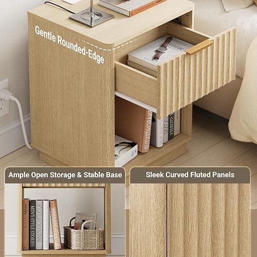 FavourLife 18"W Modern Fluted Nightstand with Charging Station, Natural Oak | Bedroom, Sofa, Home Office, FSC-Certified MDF, Curved Corner, Metal Handle, Open Shelf, Night Stand, End Table,Bed Side Table thumbnail 4