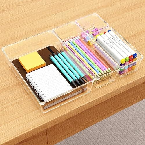 Comfylichi 15 Piece Clear Plastic Drawer Organizers Set - 4 Sizes Bathroom & Dresser Storage Bins, Stackable Kitchen Desk Organizer Trays for Makeup, Jewelry, Utensils, Junk, Gadgets thumbnail 6