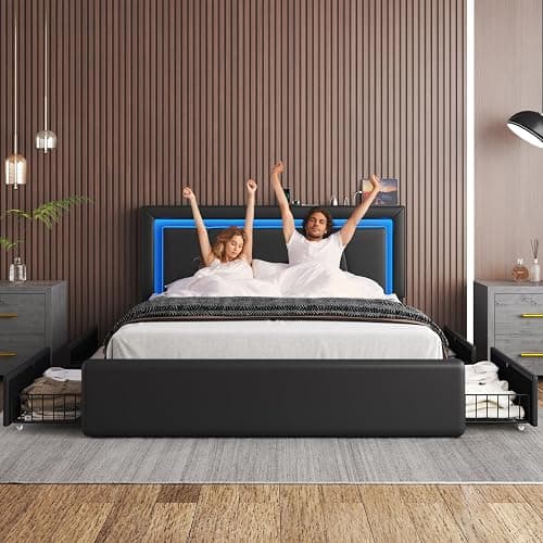 Queen Size Bed Frame with 4 Storage Drawers and LED Lights, Upholstered Platform Bed with Adjustable Headboard and Charging Station, Metal Slats Support, No Box Spring Needed,Easy Assembly, Black thumbnail 7