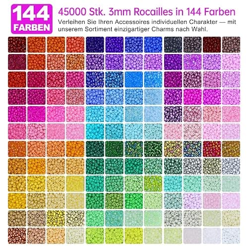 Dazhqp 45000 3mm 144 Farben Armbänder,Armbänder Selber Machen Mit Glasperlen, Perlen Set Zum Auffädeln,Perlenset für Weihnachten Partys Kinder Feiertage DIY Bracelet Making Kit Halsketten Handwerk thumbnail 2