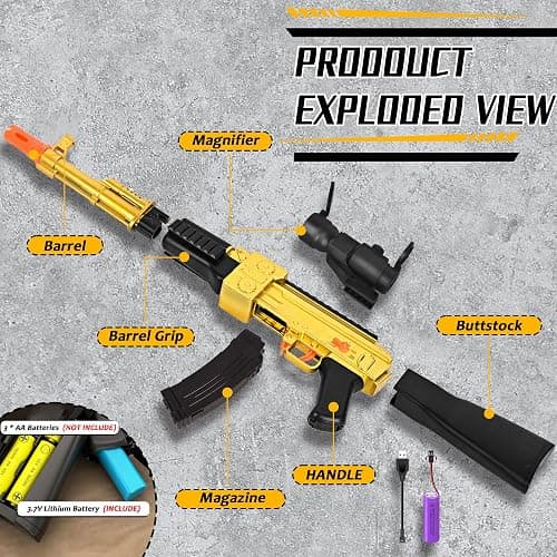 BYTEWAR Electric Golden AK-47 Realistic Soft Bullets Toy Gun,Foam Blasters Toys with 40 Foam Darts & 2 Magazines,Automatic Sniper Rifle for Kids Ages 6+ Years Old,Christmas Birthday Gift for Boys thumbnail 2