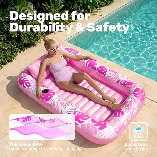 SLOOSH Inflatable Tanning Pool Lounger Float, 70" x 46" Pool Floats Adult with Pillow, 4 in 1 Suntan Tub Raft Floatie,Sunbathing Bed Lounge for Water Blow Up Kids Ball Pit Party Gifts, L-Hot Pink thumbnail 5