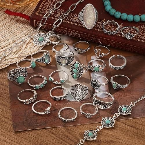 IFKM Bohemian Jewelry Set With Turquoise Necklace, Dangle Earrings, Stackable Bangle Bracelets, Knuckle Rings For Women Vintage Western Boho Turquoise Anniversary Birthday Friendship Gift thumbnail 8
