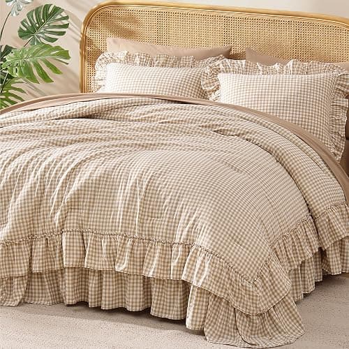 AMBERSPACE King Size Comforter Set Gingham Ruffle Tan 7 Pieces Bed in a Bag | Farmhouse Shabby Chic Fluffy Bedding Sets with Sheets, Pillowcases & Shams thumbnail 6