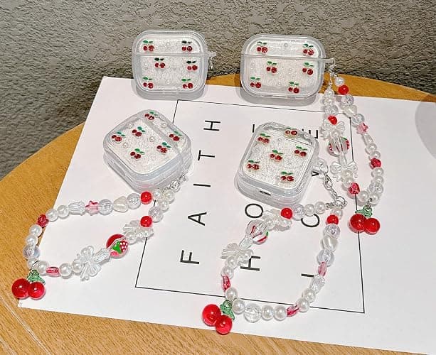 JANDM 3D Cherry Case with Keychain for AirPods 4, Clear Diamonds Aesthetic Shockproof Cover with Cute Pearl Strap for Women Girls Protective Cover thumbnail 3