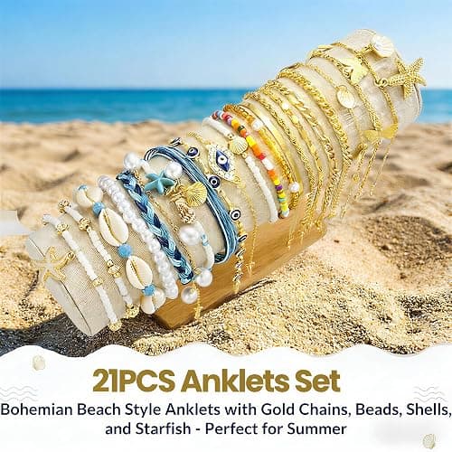 17KM 21PCS Gold Ankle Bracelets for Women, Boho Shell Bead Cuban Link Chain Waterproof Gold Anklets Set, Adjustable Layered Anklets for Women Beach Jewelry Gift thumbnail 6