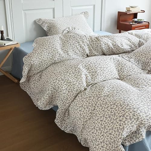 BuLuTu Chic Shabby Floral Girls Boys Duvet Cover Twin Size, Blue Flower Print Kids Duvet Cotton Muslin Soft Breathable Ruffled Quilt Cover Children Bedding, Zipper Closure thumbnail 4