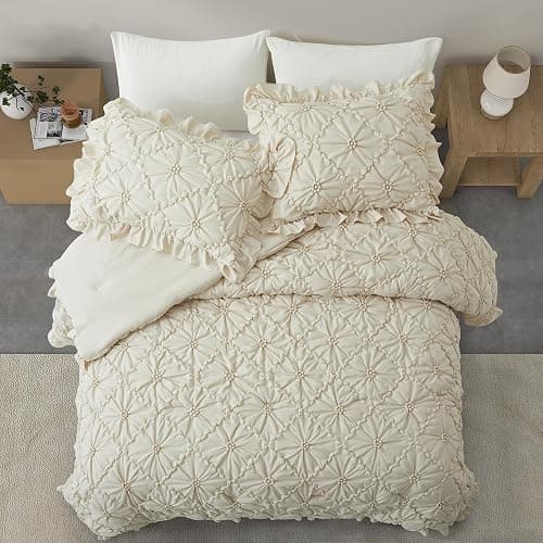 BEDAZZLED King Size Comforter Sets, Beige Bedding Comforter Set, 3 Pieces Pinch Pleat Bedding Sets with Comforter and Pillowcases Soft Farmhouse Shabby Chic Comforter for All Season thumbnail 6