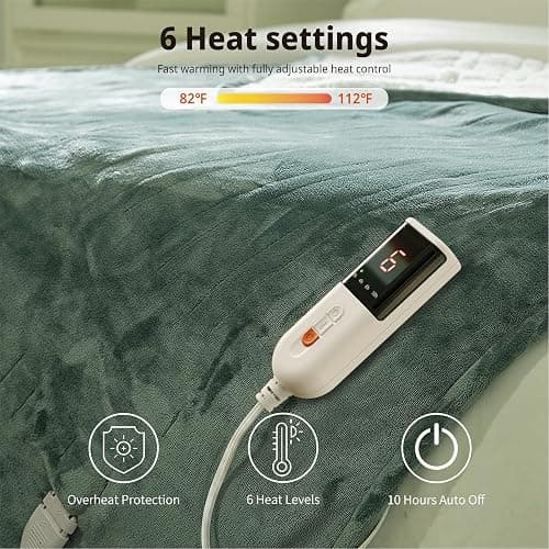GOTCOZY Heated Blanket Electric Throw 130x160cm -Soft Silky Plush Heated Blanket with 6 Heat Settings & 10 Hours Auto-Off Timer For Home Office Use Machine Washable(Green) thumbnail 4