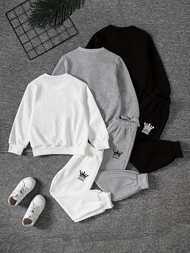 Fdqin 6 Pcs Boys Sweatsuit Letter Print Long Sleeve Pullover Sweatshirt Jogger Pant Set 3-14 Years thumbnail 2