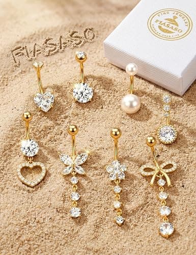 FIASASO 8 Pcs Belly Button Ring Dangle Hypoallergenic Surgical Stainless Steel Belly Rings for Women CZ Pearl Heart Butterfly Bow Flower Navel Piercing Jewelry Dangly Curved Navel Ring thumbnail 4