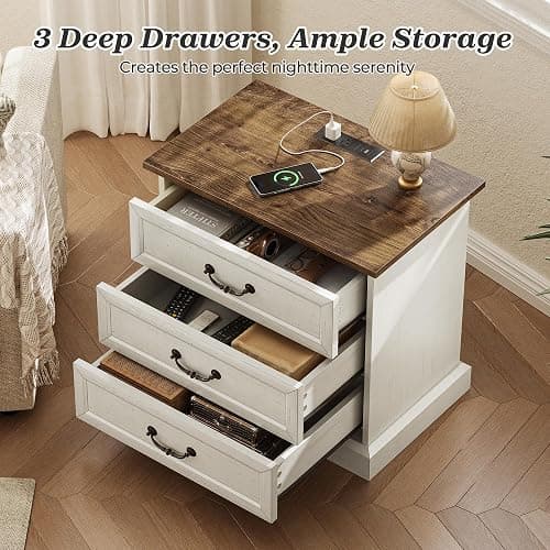 Huuger Nightstand with Charging Station, 3 Drawer Night Stand, 22 Inch Wider Side Table with Storage, Farmhouse Nightstand with Vintage Handles, Thicken Base, for Bedroom, Distressed White thumbnail 5