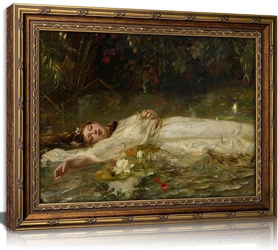 Vintage Gold Framed Ophelia Canvas Wall Art Gothic Dark Academia Pond Lotus Painting Picture Wall Decor Retro Romantic Victorian Antique Woman Poster Print Artwork for Living Room Bedroom Bathroom - Image 1