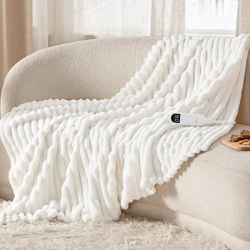Bedsure Heated Blanket Electric Throw - Thick Striped Fast Heating Electric Blanket with Preheat Function, 6 Heat & 6 Timer (Up to 10H), 8H Auto Off, ETL Certified, Gifts for Women (50"x60", White) - Image 1