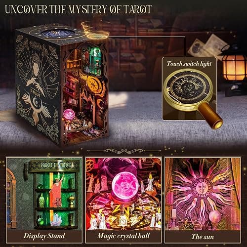 DIY Book Nook Kit, 3D Wooden Puzzle Booknook, Bookshelf Miniature House Kit Dollhouse, Tarot Divination Test, with LED Light, Dust Cover, Gift for Adults Teens (Mysterious Tarot) - Mysterious Tarot thumbnail 5