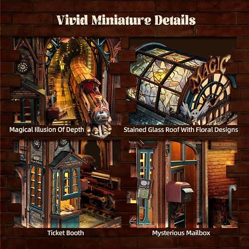 FUNPOLA LED 3D Puzzle Magic Station Book Nook Kit - Interactive 3D Wood Puzzle LED Magical Miniature with Infinite Extension Space - DIY Bookshelf Insert Decor Gifts thumbnail 4