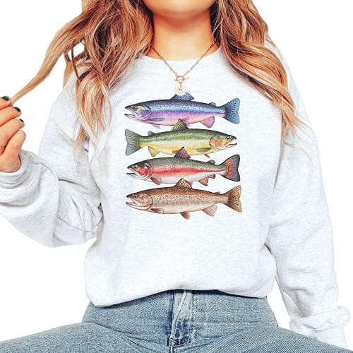Abstract Colorful Trout In A Row Sweater - Vintage River Fish Trout Species Outfit - Fly Fishing Gift For Men & Women - Boho Unisex Graphic Crewneck Sweatshirt thumbnail 8