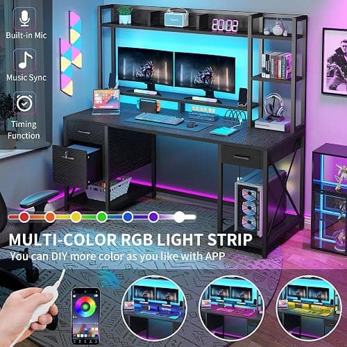 DWVO Computer Desk with Drawers & Hutch, 59.1" Office Desk with Power Outlets & LED Lights, Home Office Desk with Storage Shelves, Black thumbnail 4
