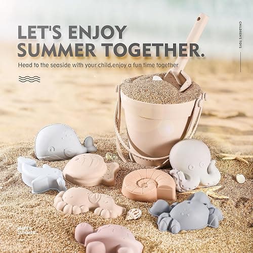 MarcZero 11Pcs Silicone Beach Toys,Modern Baby Beach Toys,Travel Friendly Beach Set,Silicone Bucket, Shovel, 8 Sand Molds, Beach Bag,Silicone Sand Toys for Toddlers, Kids (Begie) - Begie thumbnail 5