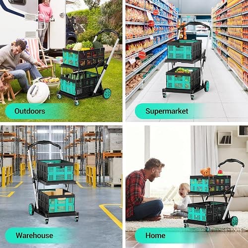Collapsible Shopping Cart, 8-in-1 200LBS Multi Functional Utility Cart with 2 Storage Crate, Adjustable Handle Grocery Cart on Wheels for Shopping/Warehouse/Office/Supermarket - Blue thumbnail 5