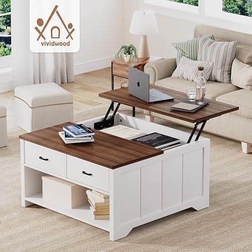 Vividwood Farmhouse Lift Top Coffee Table with Storage, Rustic Square Wood Coffee Table with Large Hidden Compartment & 2 Drawers & Open Shelf, Multifunctional Lift-Top Center Table for Living Room thumbnail 8