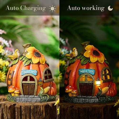 TERESA'S COLLECTIONS Gartendeko für Draußen, Wetterfeste Kürbishaus mit Solarleuchte, Gartendeko aus Kunstharz, Feenhaus Outdoor,Feenhaus Garten Deko,Geschenke für Frauen 19cm thumbnail 5