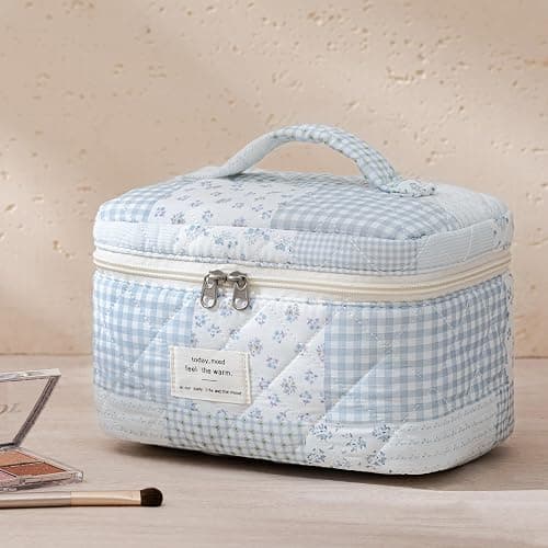 HBselect Quilted Makeup Bag, 3Pcs Cotton Large Travel Makeup Bags Organizer | Cute Floral Make up Bag Cosmetic Bag Toiletry Bag for Women Girls, Makeup Pouch for Skincare, Brushes & Travel Essentials thumbnail 6