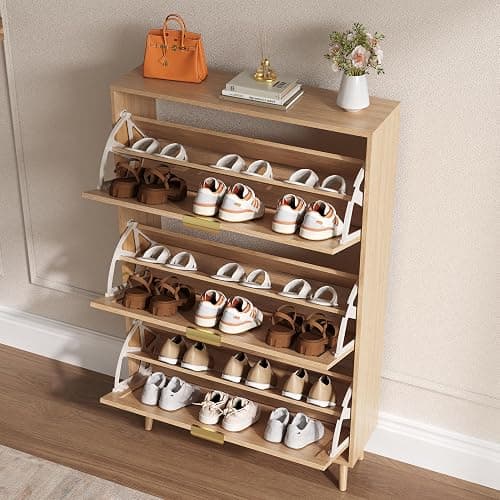 BORNOON Shoe Cabinet for Entryway with 3 Flip Drawers, Slim Wooden Shoe Storage Organizer with Modern Fluted Pannel，Freestanding Narrow Hidden Shoe Rack for Hallway, Foyer, Living Room thumbnail 3