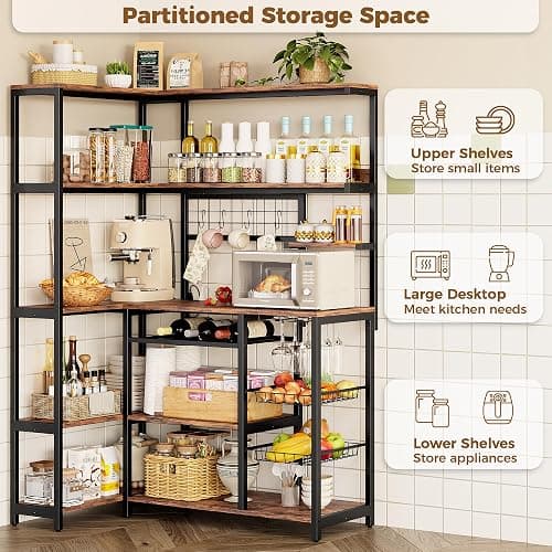 IRONCK Large Bakers Rack with Power Outlet, 6-Tier Corner Microwave Stand, Industrial Coffee Bar with Wine Rack, Hooks & Wire Baskets for Kitchen Spices/Pots, Rustic Brown thumbnail 3