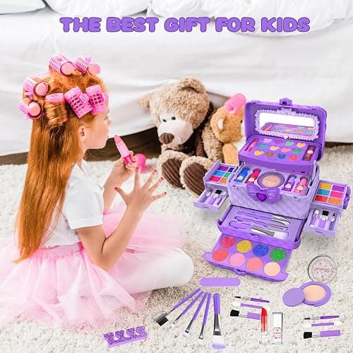 54 Pcs Kids Makeup Kit for Girls, Princess Real Washable Pretend Play Cosmetic Set Toys with Mirror, Birthday Gifts for 3 4 5 6 7 8 9 10 Years Old Girls Kids (Purple) thumbnail 2