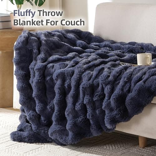 Smoofy Faux Fur Throw Blanket for Couch – Navy Blue Fluffy Cozy Rabbit Fleece, Plush Soft Bubble Blanket for Sofa & Bed, for Mom, Warm Fuzzy Home Room Decor Throw 60" x 80" thumbnail 3