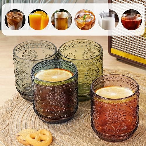 Joeyan Trinkgläser Set Bunte, 4 teiliges 360 ml Hochwertige Gläser Set für 4 Personen, Farbig Wassergläser Spülmaschinenfest, Saftgläser, Modernes Blume Embossed Design für Picknicks, Camping, Partys thumbnail 6