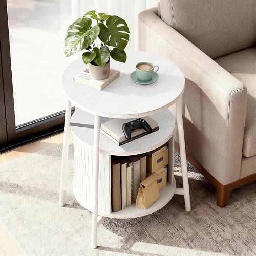 DHH Round End Tables with Charging Station, Fluted Accent Side Table with Sliding Door, Mid-Century Modern Nightstand for Small Space Storage, Living Room, Bedroom,Sofa Couch(1, White) thumbnail 5