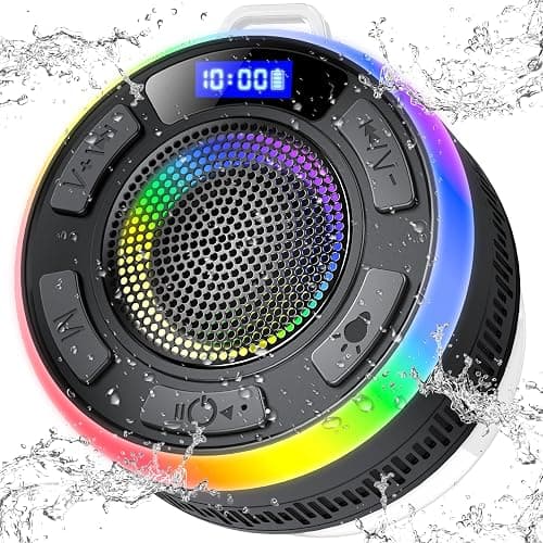 Shower Bluetooth Speaker IPX7 Waterproof, Portable Bluetooth Speakers with Suction Cup and Time Display, Crystal Sound&Bass LED Light 1100mAh, Wireless Shower Speaker for Outdoor/Kayak/ Gifts/Beach - Image 1