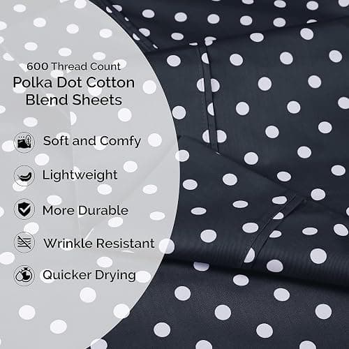Superior Polka Dot Sheet Set, 600 Thread Count Cotton Blend Bedding Sets, Soft and Wrinkle Resistant Sheets with Deep Fitting Pockets - Full, Black thumbnail 8