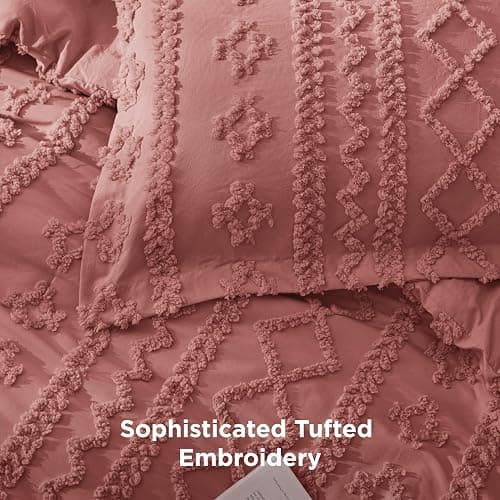Bedsure Tufted Boho Comforter Set Queen Size - Grayish Pink Boho Bed Set, GentleSoft™ 3 Pieces Farmhouse Shabby Chic Embroidery Bedding, Gifts for Woman, Soft Jacquard Queen Comforter for All Seasons thumbnail 4