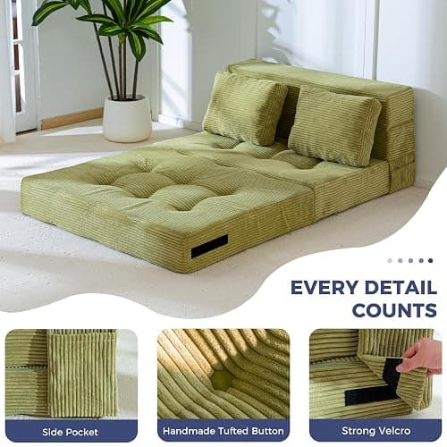 MAXYOYO Convertible Sofa Bed, Fold Out Loveseat Sleeper Sofa with Pillow, 4 in 1 Tufted Folding Couch Bed Foam Floor Couch, Lazy Chair for Living Room Bedroom Guest Room, Green thumbnail 5