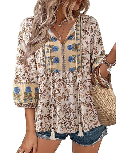 Vivilli Womens Summer Boho Babydoll Tops 3/4 Sleeve Pleated Peplum Blouses Casual V Neck Tie Front Fall Tunic Tops thumbnail 2