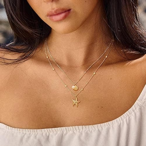 HABIKIP Shell Starfish Charm for Women, Dainty Layered 14K Gold Plated Seashell Conch Starfish Pearl Pendant Necklace for Women Stack Trendy Beach Cuban Link CZ Chain Necklace Summer Vacation Jewelry thumbnail 4