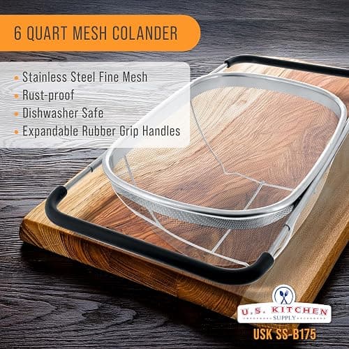 U.S. Kitchen Supply Stainless Steel Colander Strainer - 6-Quart Collapsible Colander with Expandable Rubber Handles - Rectangular Sieve, Fine Mesh Stainless Steel Strainers and Colanders for Kitchen thumbnail 4