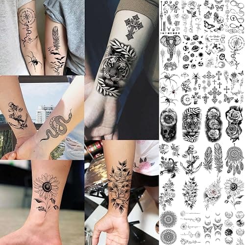 Bilizar 64 Sheets Long Lasting Flower Temporary Fake Tattoos For Women Arm Neck, Jellyfish Sunflower Moon Rose For Adults Girl, 3D Temp Realistic Snake Tatoo Stickers Serpent Peony Floral Kids - Floral thumbnail 6