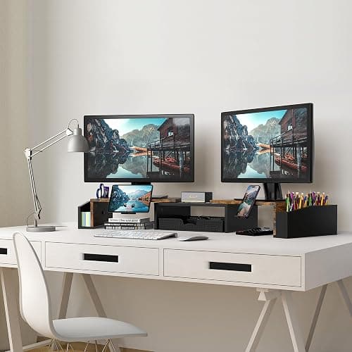 Simple Houseware Desk Dual Monitor Stand Riser with Drawer, Rustic Brown thumbnail 2